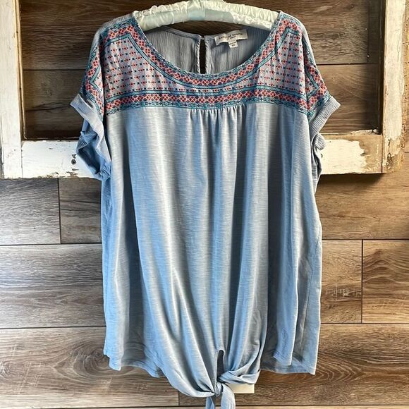 Tempted Heart Woman’s Top, Size 2X, Blue with Colored Embroidery Stitching - Picture 1 of 6